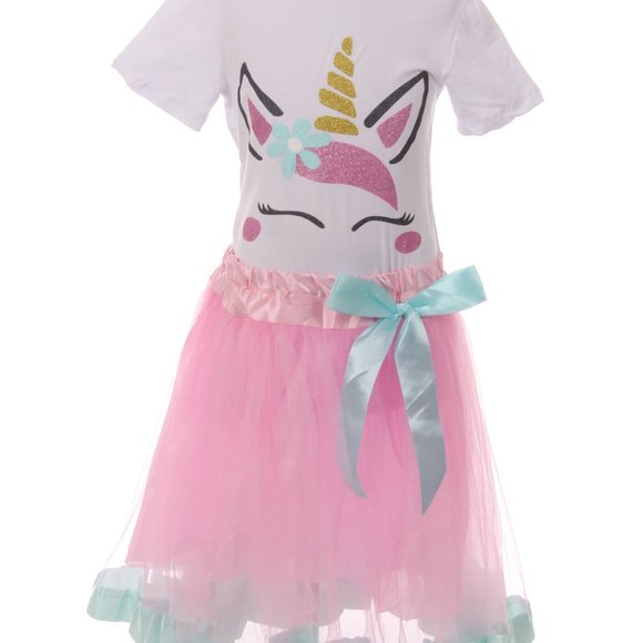 Girls 2 Pieces Skirt Set Unicorn T Shirt Top Tutu Tulle Party Kids Skirt Set - Picture 1 of 5